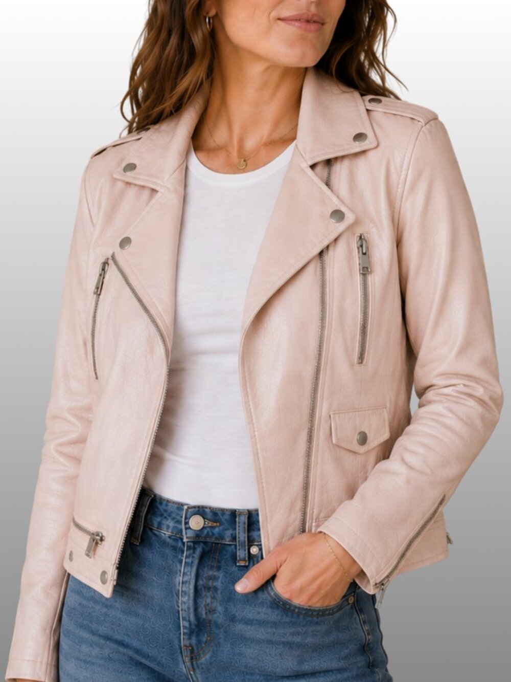 Levi's Blush Pink Faux Leather Moto Jacket L Cropped Asym Zip Silver Hardware